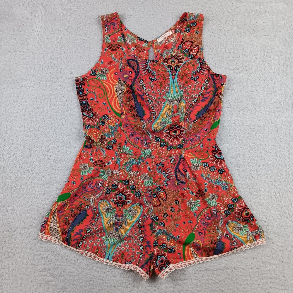 Cat & D Romper M Red Paisley Crochet Trim Sleeveless Boho